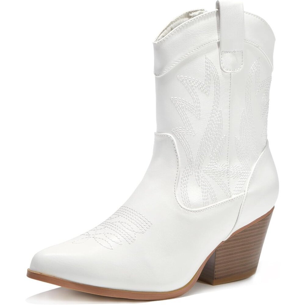 Women's White Mid Calf Vegan Leather Embroidered Fashionable Pointed Toe Boots